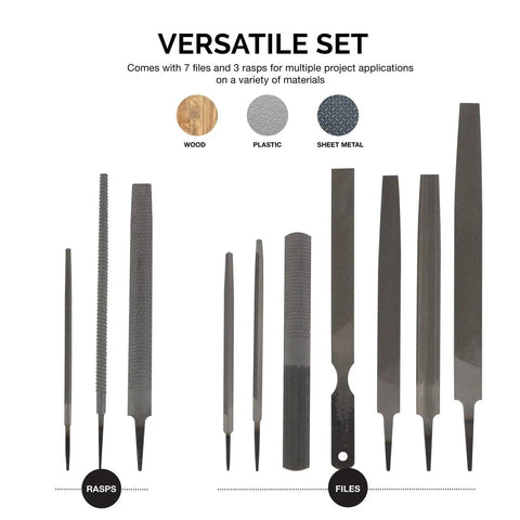 Pro Grade Metal File And Rasp Set 12 Piece With various sizes and types displayed, designed for woodworking and metalworking.