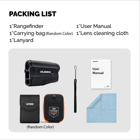 Golf Laser Rangefinder With Fast Focus High Precision 5 To 900 Yard Range Slope Mode Flagpole Lock Up To 250 Yards Continuous Scan Vibration Feedback Ideal For Golf And Hunting packaging with rangefinder, manual, bag, lanyard, and cloth.