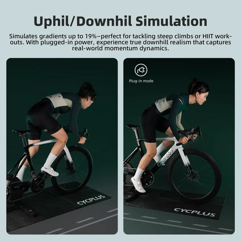Cyclist using Smart Indoor Bike Trainer With 2200W Brushless Motor 19 Percent Gradient Simulator Virtual Shifting