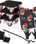 Heavy Duty Furniture Dolly Kit With Wheels Moving Dollies For Appliances And Piano Max 2000 Lb Load Capacity Double Bearings Locks Industrial Grade Roller Set Black Red with stacked dollies and accessories.
