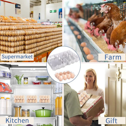 Collage featuring 12 Count Clear Plastic Egg Cartons Bulk Pack with Sturdy Snap Lids for farm, supermarket, and kitchen use.