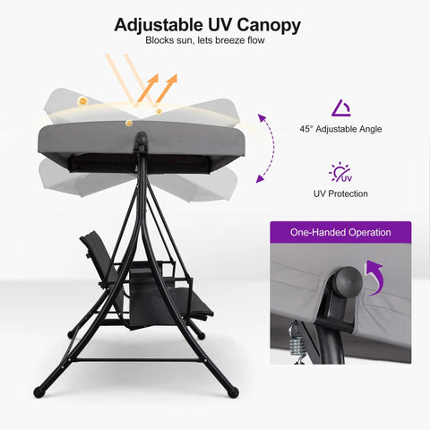 Three Seat Patio Swing With Adjustable Tilt Canopy, Easy Setup Metal Frame On Stand, All Weather Swing Chair with UV Canopy