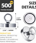 Front view of 60mm NdFeB fishing magnet with lifting ring and chrome base, 500 lb pull capacity.