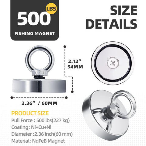 Front view of 60mm NdFeB fishing magnet with lifting ring and chrome base, 500 lb pull capacity.