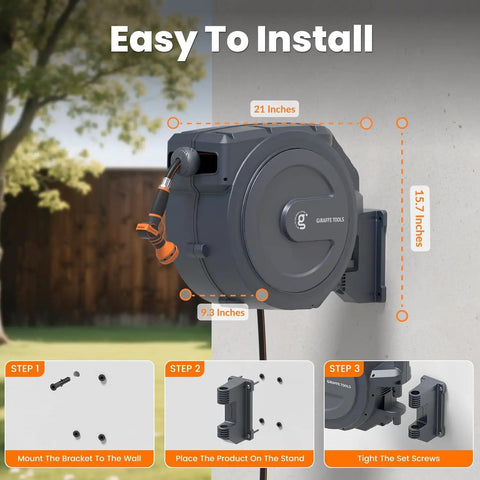 Retractable Garden Hose Reel With Auto Rewind Wall Mount 100 Feet Hose Plus 5 Foot Lead Any Length Lock Hybrid Hose For Easy Watering No Tangles No Fuss Rewind And Smooth Storage mounted on wall, 21 x 15.7 inches