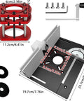 Top Shelf Manual Router Lift Kit With Smooth Glide Aluminum Insert Plate For Router Tables Solid Base Upgrade, red and black components with measurements.