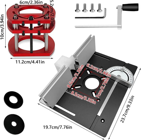 Top Shelf Manual Router Lift Kit With Smooth Glide Aluminum Insert Plate For Router Tables Solid Base Upgrade, red and black components with measurements.