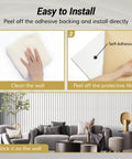 Installation steps for Large Self Adhesive Acoustic Panels For Home Studio And Office, Echo Reduction And Noise Control, 8 Pack, showing wall cleaning, peeling adhesive, and placing panels in a living room.