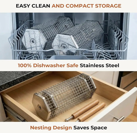 Two Pack Rolling Grill Basket For Even Cooking With Lid And Removable Wooden Handle Stainless Steel BBQ Grilling Basket in dishwasher and drawer