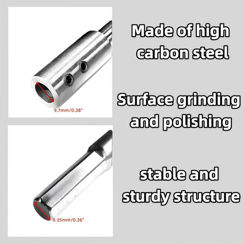 Close-up of Two Piece Forstner Drill Bit Extension Kit with 4.5 and 7 inch extensions, 3/8 inch shanks, high carbon steel material.