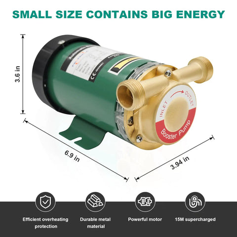 Beefed Up 120W 115V Household Water Pressure Booster Pump with brass body, 396GPH flow, 21.7 PSI, 3.6in wide, 6.9in long