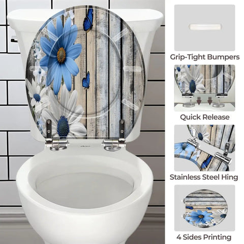 Toilet Seat Round Resin for Bathroom with floral design, 14-15 inches wide and 17-18 inches long, featuring stainless steel hinges.