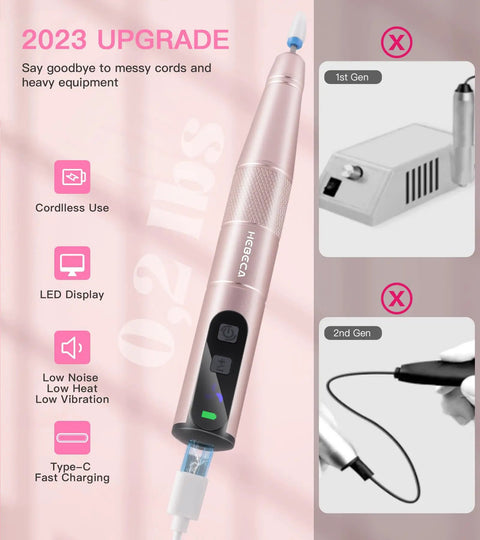 Top Shelf Cordless Nail Drill Set Rechargeable Electric Nail File And Buffer With Heavy Duty Bits For Acrylic Gel And Dip Powder Care While Keeping Your Manicure Game Strong In Classic Gold, close-up of pink cordless design with LED display.