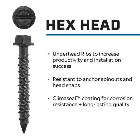 1/4-Inch By 1-1/4-Inch Black Hex Head Concrete Anchors, 75 Pcs, Climaseal Coating, Corrosion Resistant, close-up view