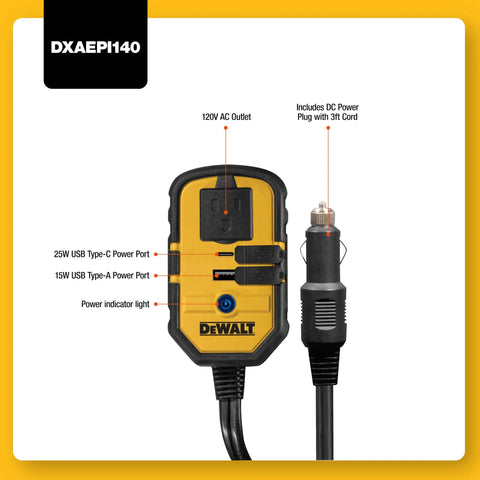 Smooth Car Power Inverter Delivering 140 Watts Of Reliable Juice For Rapid Device Charging Silent Fanless Construction Featuring Dual Usb Outputs with 120V AC outlet.