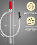 Battery Powered Fuel Transfer Pump With Auto Stop, 3x More Powerful For Gas, Water And Other Liquids, Extra Long Hose And Suction Tube, Portable One Hand Operation At 2.4 Gal Per Minute shown with measurements.