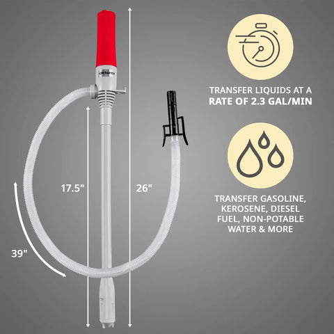 Battery Powered Fuel Transfer Pump With Auto Stop, 3x More Powerful For Gas, Water And Other Liquids, Extra Long Hose And Suction Tube, Portable One Hand Operation At 2.4 Gal Per Minute shown with measurements.