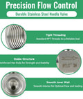 Illustration highlighting features of Stainless Steel Needle Valve 304 FNPT Half Inch Female Straight High Pressure Flow Control