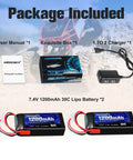 Beefy 7.4V 1200mAh 30C LiPo Battery With JST Plug For RC Cars Trucks Drones package contents including charger and manual