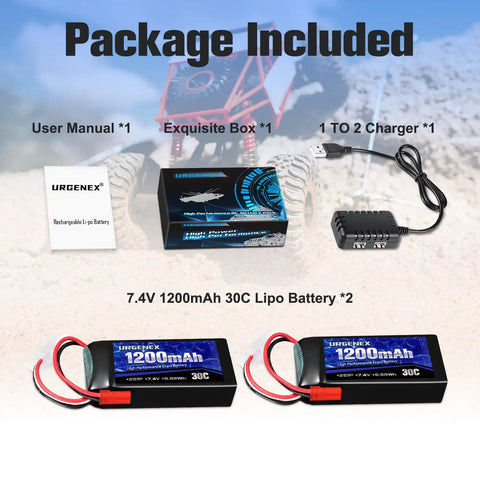 Beefy 7.4V 1200mAh 30C LiPo Battery With JST Plug For RC Cars Trucks Drones package contents including charger and manual