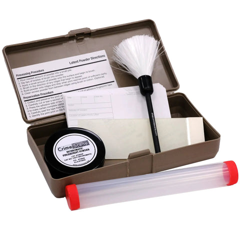 Educational Latent Fingerprint Kit For Crime Scene Practice with Two Tone Gray Powder, fiberglass brush, cards, tape in case