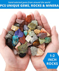 Hands holding a variety of colorful rocks from Geology Starter Kit With 54 Piece Rock Collection Including Gemstones Crystals And Minerals Learning Book And ID Cards Earth Science Toy Gift For Kids And Adults Aged Eight And Up Hands On Science Fun.