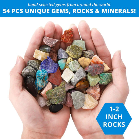 Hands holding a variety of colorful rocks from Geology Starter Kit With 54 Piece Rock Collection Including Gemstones Crystals And Minerals Learning Book And ID Cards Earth Science Toy Gift For Kids And Adults Aged Eight And Up Hands On Science Fun.