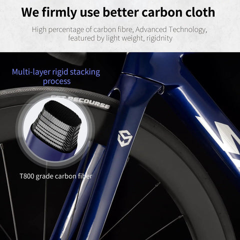 Close-up of Lightweight Full Carbon Fiber Road Bike For Adults With Shimano R7120 featuring T800 grade carbon fiber details.