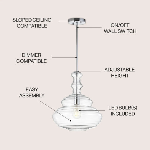 Chrome Modern LED Pendant Light for Kitchen Island and Hallways with Clear Glass Shade, adjustable height, and energy-saving LEDs