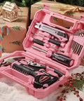 Open pink toolbox showing Pink 35 Piece Tools Set With Storage Toolbox For Home Garage Dorm And Apartment Essential Tool Kit For New House Projects And Back To School Prop 65 Safe Pink Ribbon Supports Helping Women Now.