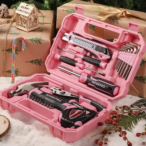 Open pink toolbox showing Pink 35 Piece Tools Set With Storage Toolbox For Home Garage Dorm And Apartment Essential Tool Kit For New House Projects And Back To School Prop 65 Safe Pink Ribbon Supports Helping Women Now.
