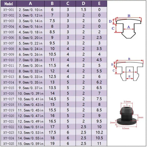 Heavy Duty Black Silicone Rubber T-Shape Snap-On End Caps Plugs Blank Tube Inserts Bungs For Hose Sealing High Temp Dust Proof Kit Assortment sizes 2.5-15mm dimension chart