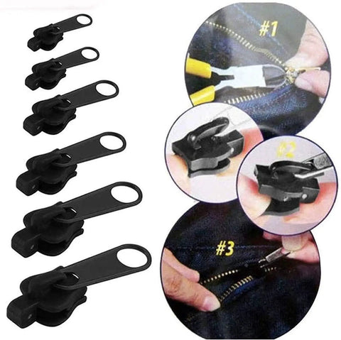 Zipper Repair Kit Quick Fix Clip For Coats Jackets Luggage And Backpacks No Fuss Zip Slider Rescue 6 Piece Universal Zipper Repair Set For Broken Sliders Split Tracks And Missing Teeth, shown with installation steps.