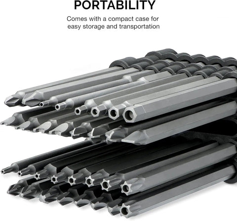 Stacked 32-piece S2 steel tamper-proof bit set with 6-inch extra long security screwdriver, featuring various bit types.
