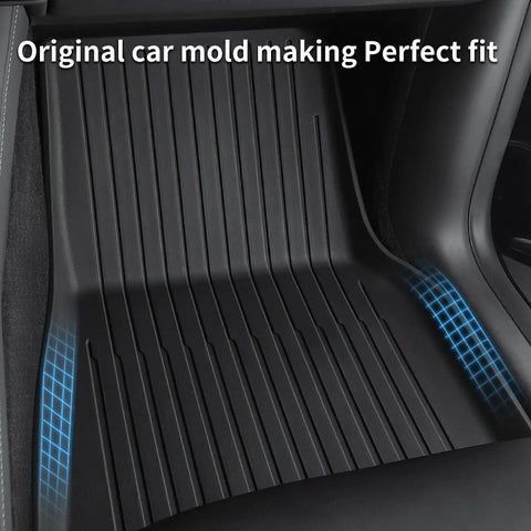 Top Shelf TPE Floor Mats For Tesla Model Y 2025 showing precise fit with molded grooves and non-slip grip in black.