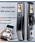 Top Shelf Smart Electronic Door Lock With 3D Face Recognition And Palm Vein Access showing features, 4-inch display, and smartphone interface.
