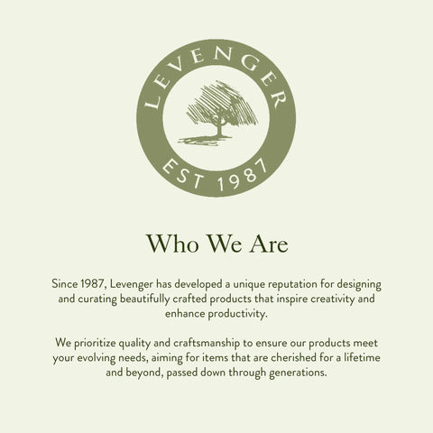 Levenger logo and company mission statement about quality, craftsmanship, and creativity since 1987.