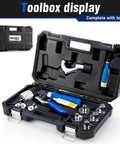 Open case showing Pro Grade Copper Tube Expander Hydraulic Swaging and Expanding Tool Kit with seven heads and tools.