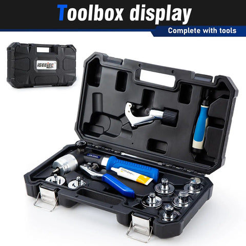 Open case showing Pro Grade Copper Tube Expander Hydraulic Swaging and Expanding Tool Kit with seven heads and tools.