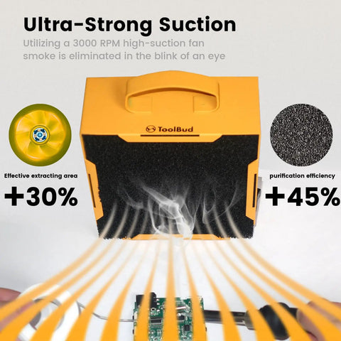 High efficiency Upgraded Portable Solder Fume Extractor with removable magnetic flaps capturing smoke from soldering