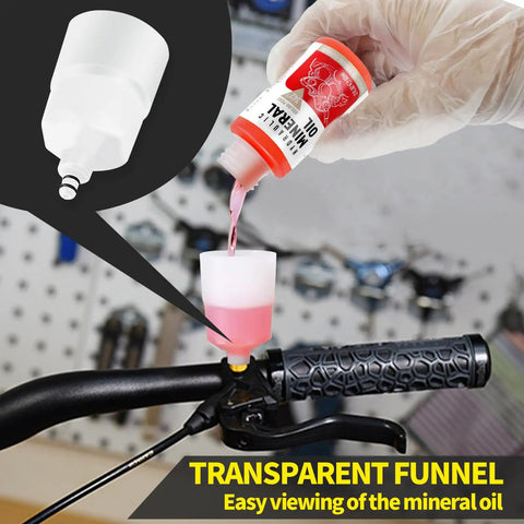 All In One Hydraulic Disc Brake Bleed Kit With 180ml Mineral Oil, 12 Adapters, Transparent Funnel For Shimano shown in use