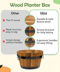 Set Of 3 Wooden Flower Boxes For Outdoors In Durable Acacia Wood Barrel Planters With Ergonomic Handles Drainage Holes And Multiple Sizes Light Brown Wood Bucket Planter Set comparison of Acacia wood and Fir wood quality