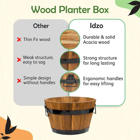 Set Of 3 Wooden Flower Boxes For Outdoors In Durable Acacia Wood Barrel Planters With Ergonomic Handles Drainage Holes And Multiple Sizes Light Brown Wood Bucket Planter Set comparison of Acacia wood and Fir wood quality