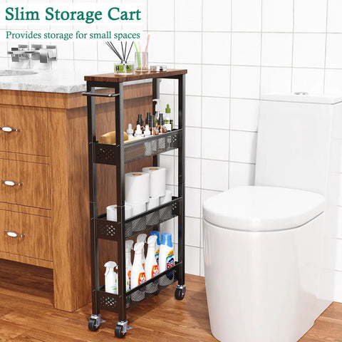 Go To Slim Four Tier Rolling Storage Cart For Narrow Spaces With Wood Top And Metal Handle in bathroom setting