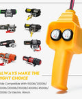 Winch Remote Replacement Switch For 12V Electric Winches 1500 Lb To 5000 Lb, Forward And Reverse Control Retract And Extend, Easy To Use Beefed-Up Backup Part Kit. Yellow wired switch with two buttons for 12V winch control.