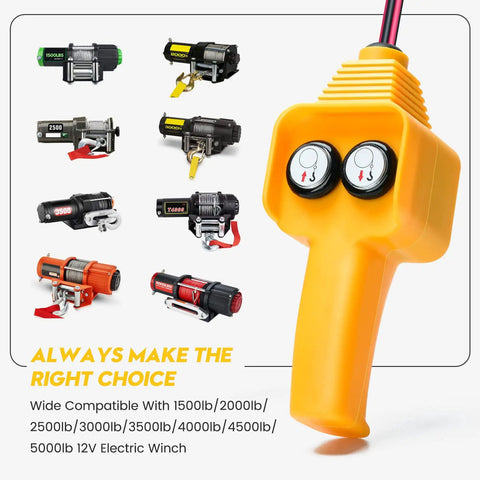 Winch Remote Replacement Switch For 12V Electric Winches 1500 Lb To 5000 Lb, Forward And Reverse Control Retract And Extend, Easy To Use Beefed-Up Backup Part Kit. Yellow wired switch with two buttons for 12V winch control.
