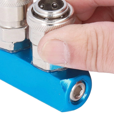 G1/4 Aluminum Air Distribution Block With Straight Air Hose Splitter Pneumatic Manifold And Connector SML-5 being held