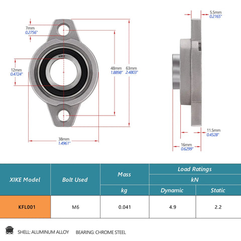 Four Pack KFL001 Mounted Pillow Block Bearings Bore 12mm For Industrial Machinery Precise Alignment And Smooth Rotation Easy Install Heavy Duty Shaft Mounts Durable Support For Automation And DIY Projects, front and side view with dimensions