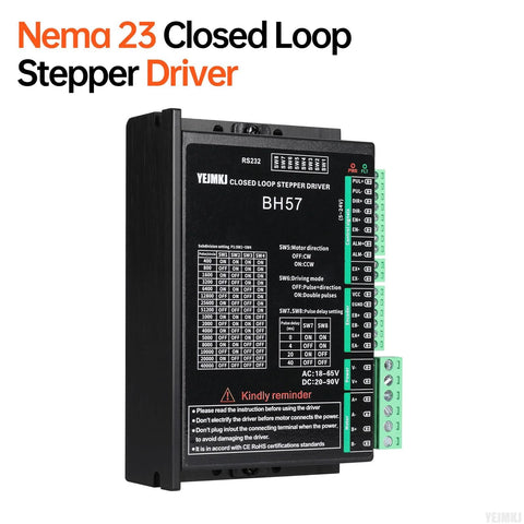 Front view of YEJMKJ Nema 23 closed-loop stepper driver BH57, black enclosure with green terminal blocks