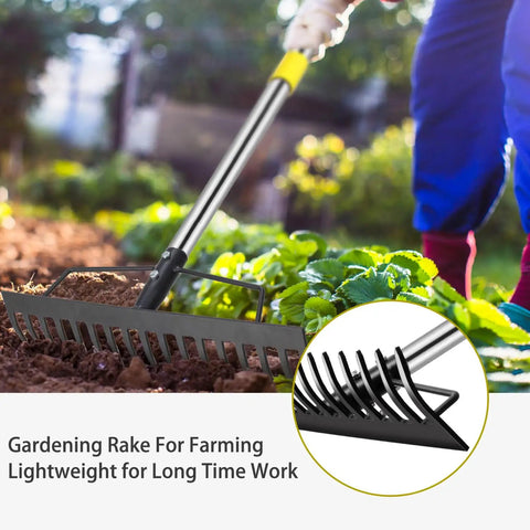 Heavy Duty Garden Bow Rake With Stainless Steel Handle 5.4 Foot Reach 17 Tine Metal Head For Soil Loosening Leaf Gathering And Lawn Leveling Anti Rust Coated Triple Welded in use in garden